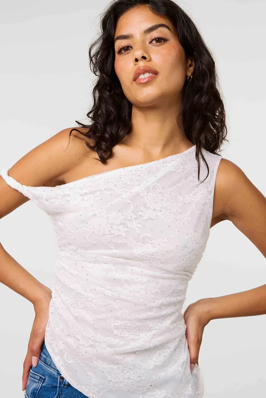 Pink Vanilla Diamante Lace top off-shoulder avorio in pizzo