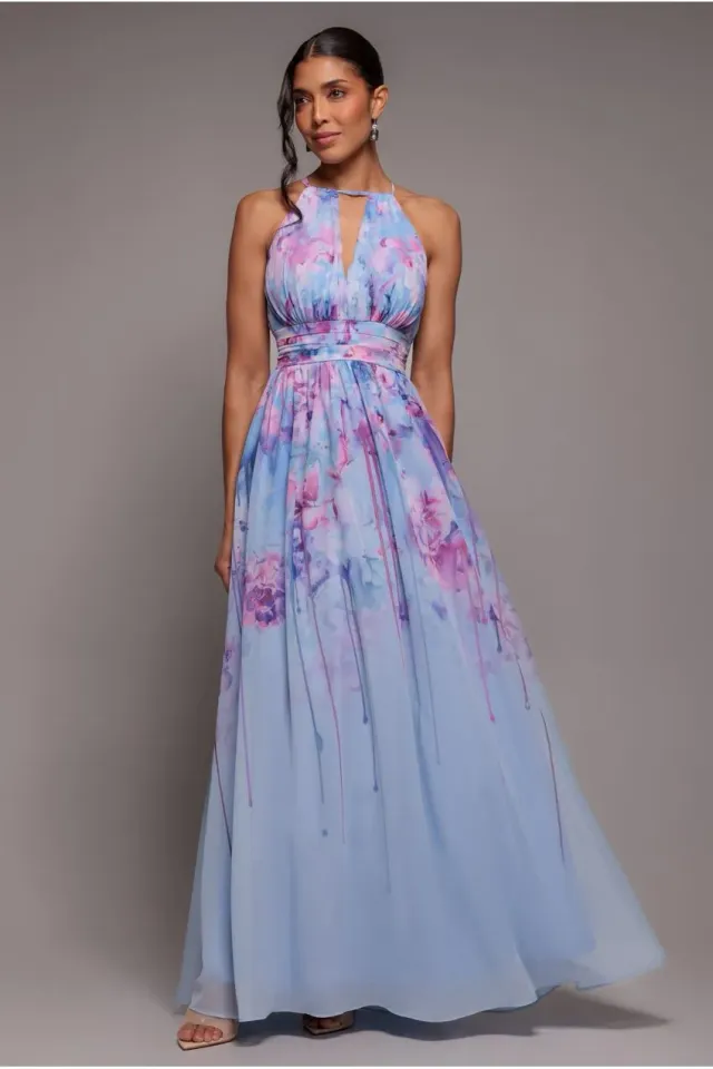 Goddiva Halter abito maxi chiffon blu floreale scollo allacciato