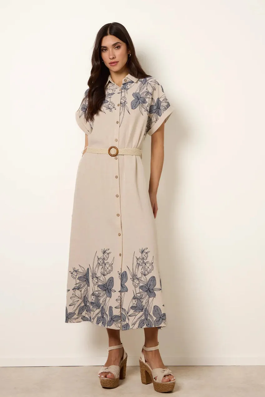 Blue Vanilla Linen Belted abito midi beige cintura lino