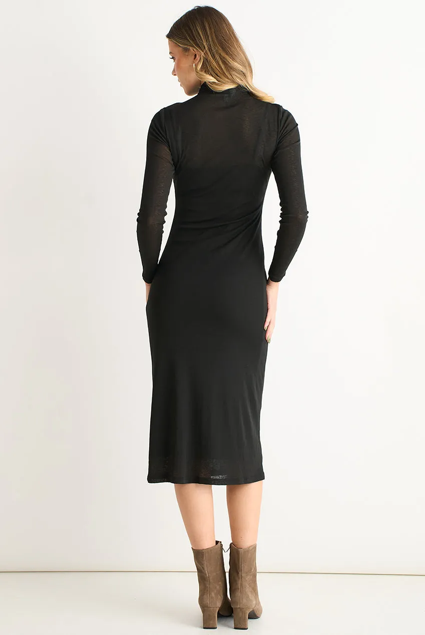Gini London Ruched Abito midi jersey nero manica lunga