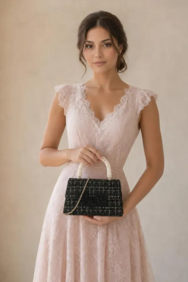 SVNX Tweed Top-Handle borsetta nera perle 21 cm