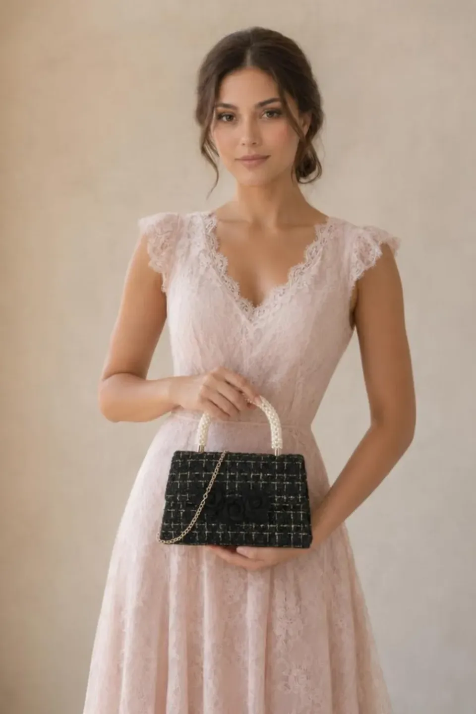 SVNX Tweed Top-Handle borsetta nera perle 21 cm