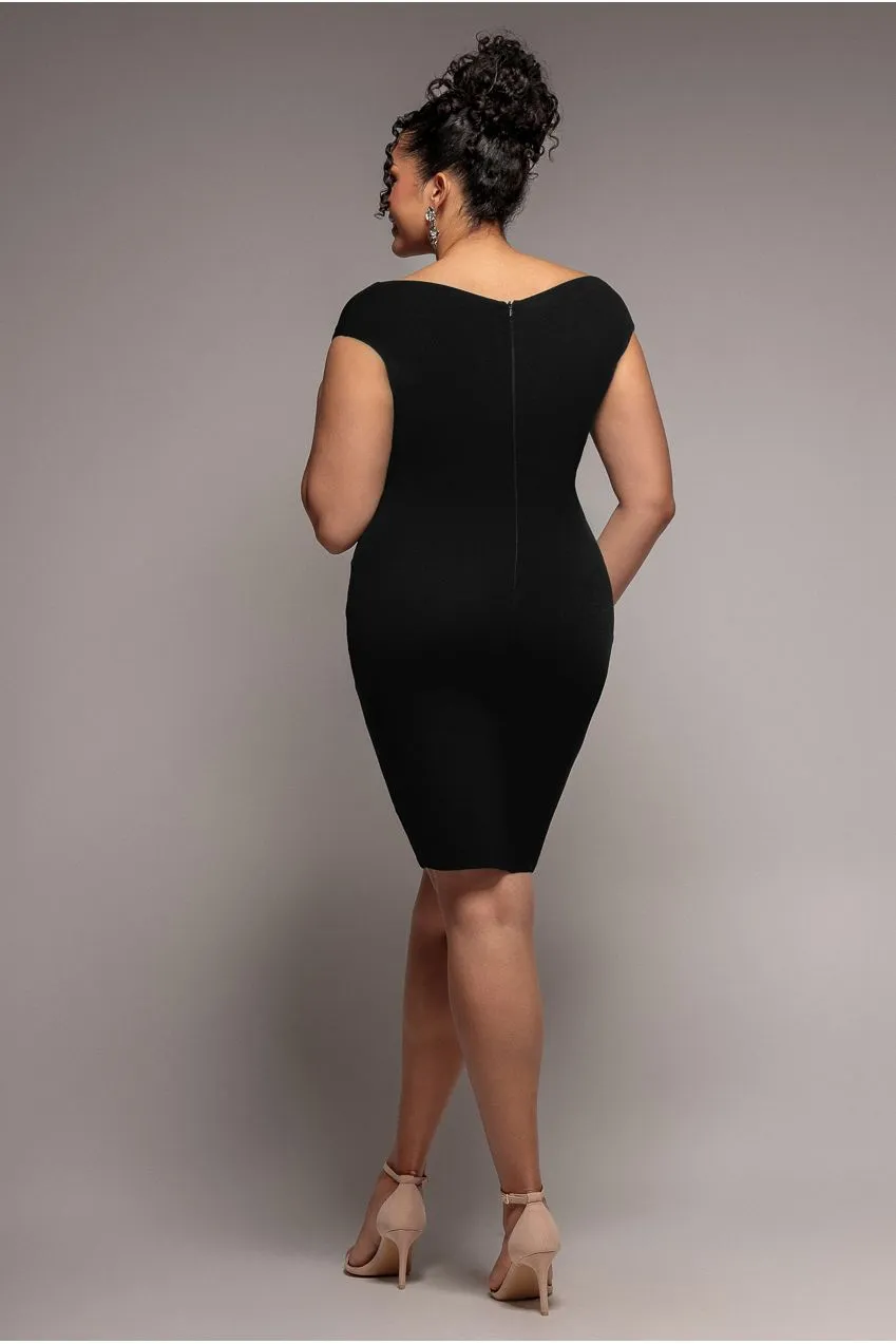 Goddiva Plus Bardot DR1092 abito midi nero bodycon