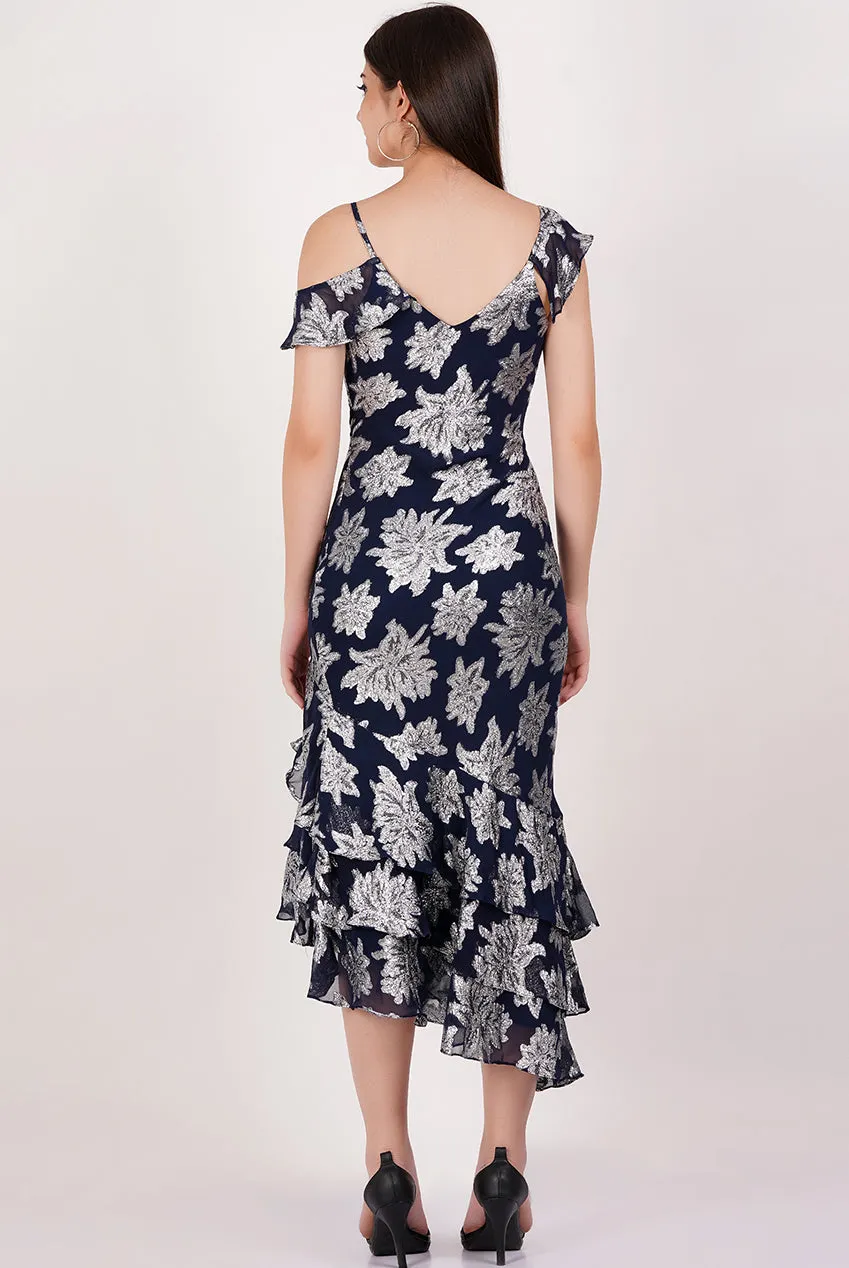 Gini London Floral Abito Midi Blu Navy Fiori Volant
