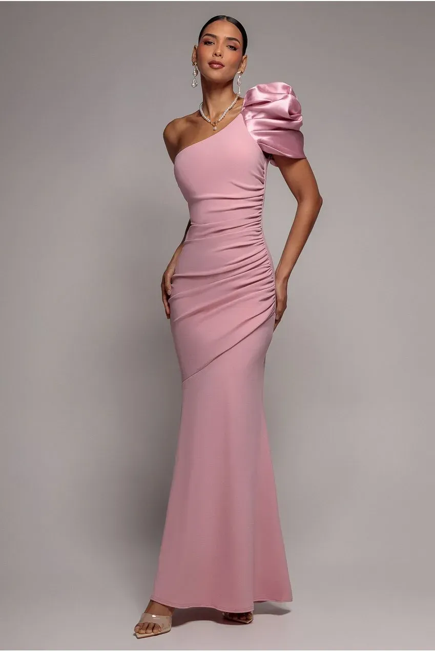 Goddiva One Shoulder abito maxi raso rosa blush sirena
