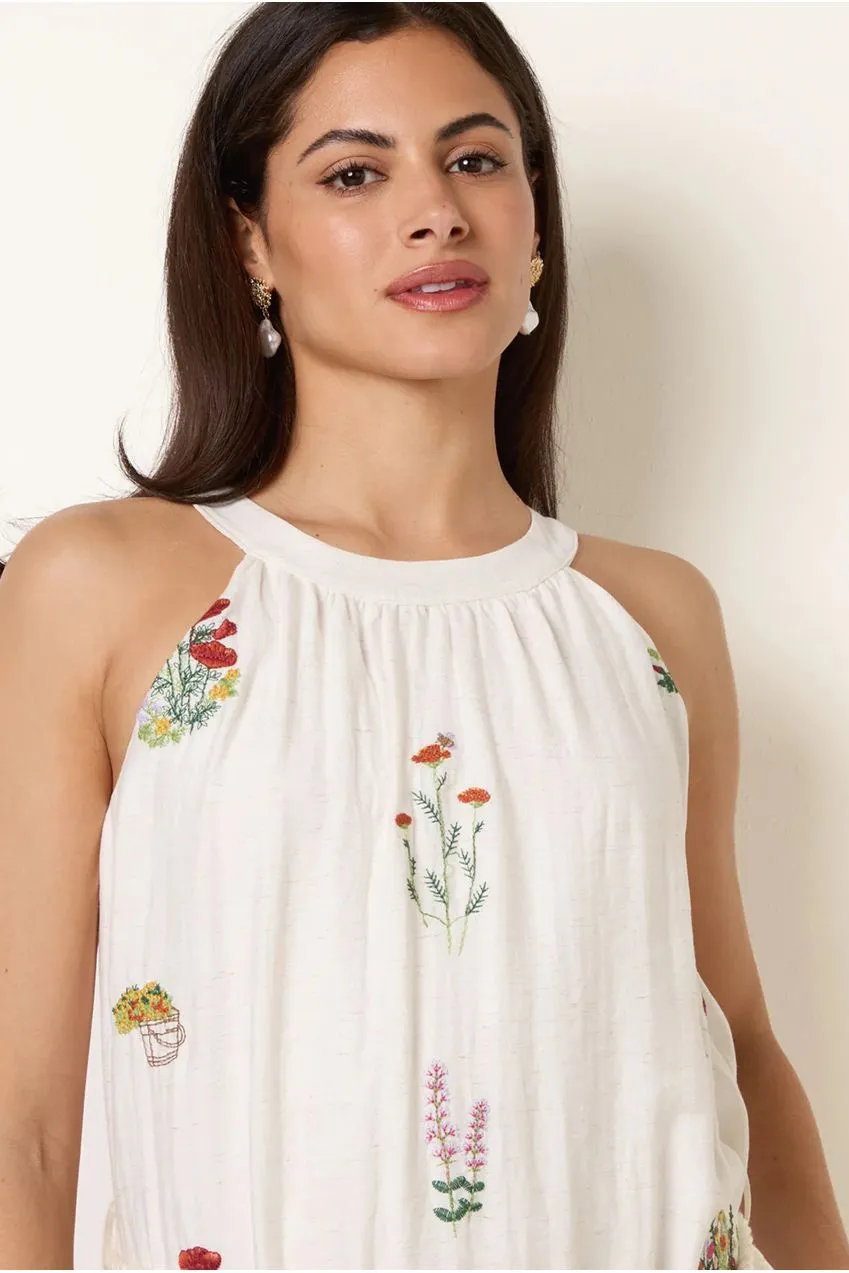 Blue Vanilla Halter Neck abito maxi stone ricamato cotone