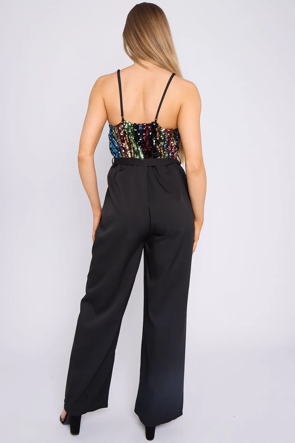 Aftershock London tuta nera paillettes top e pantaloni