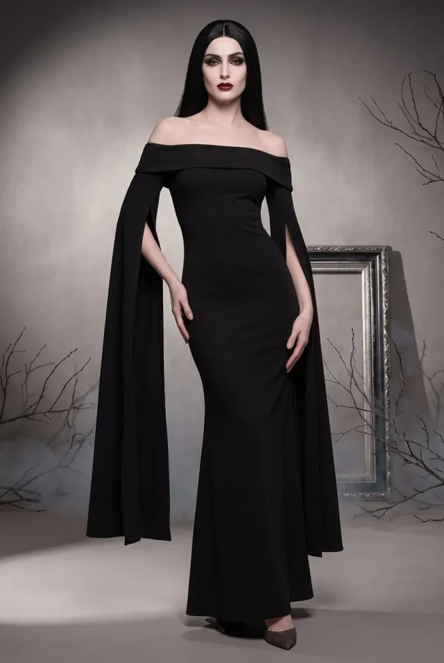 Goddiva Morticia abito maxi nero con mantella