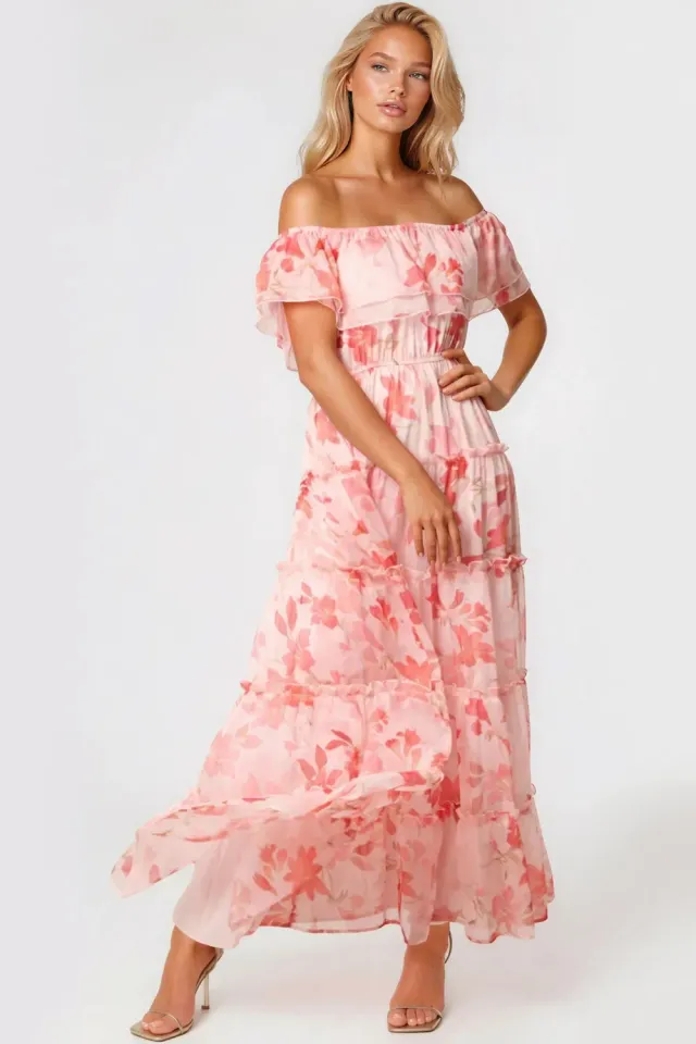 Aftershock Bardot abito maxi rosa floreale balze