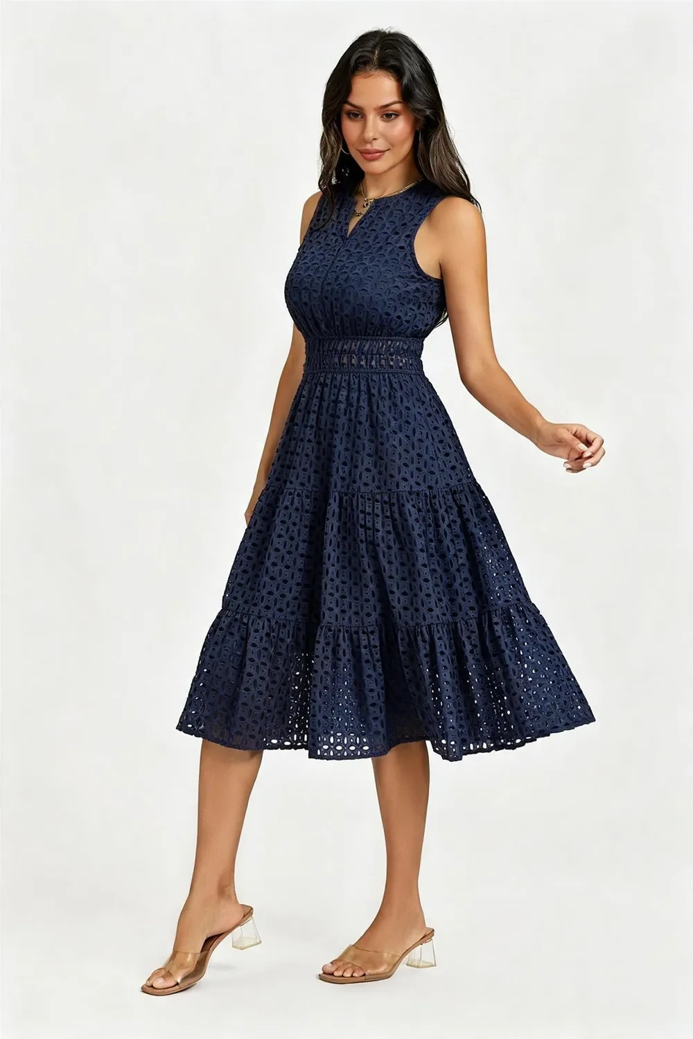 FS Collection Broderie Anglaise Abito Midi Blu Cotone