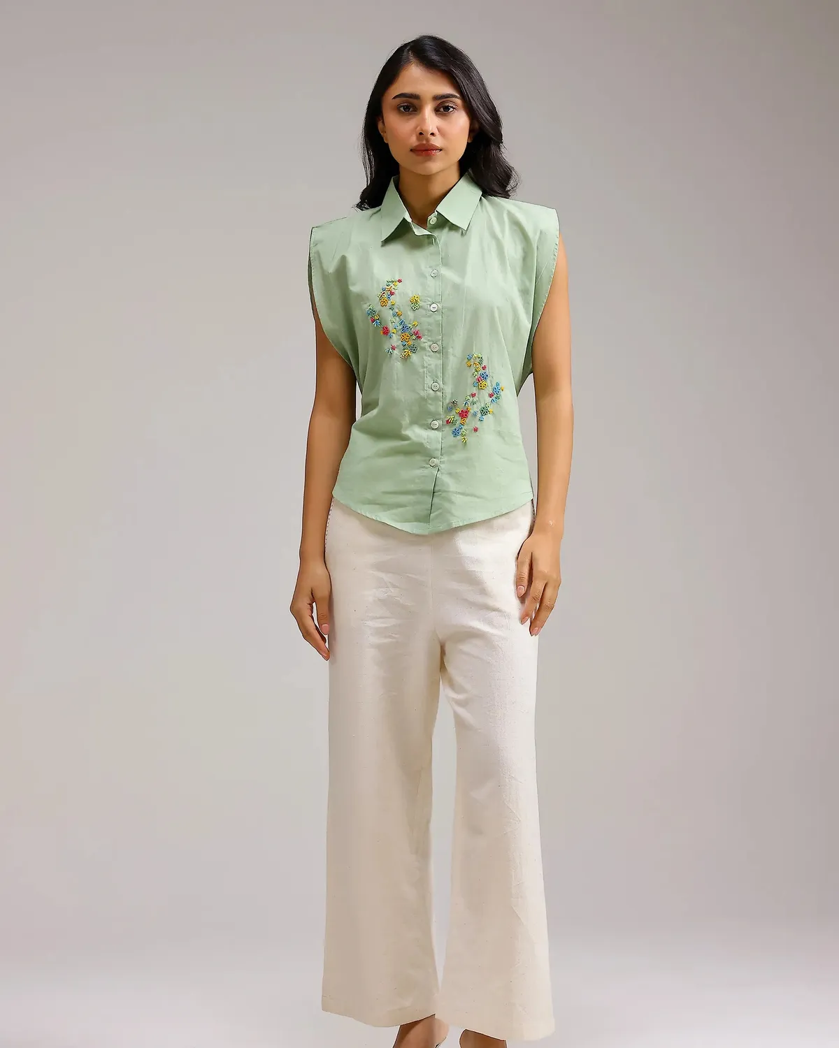 Our Dve Saanjh Fresh Dew Top verde pallido cotone