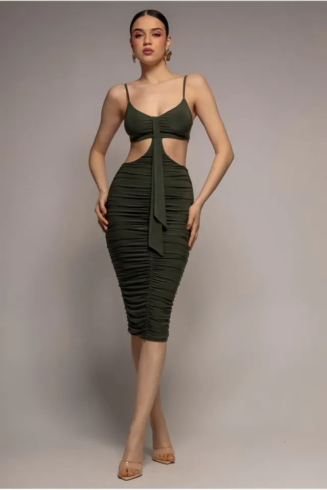 Goddiva DR3522 abito midi bodycon kaki