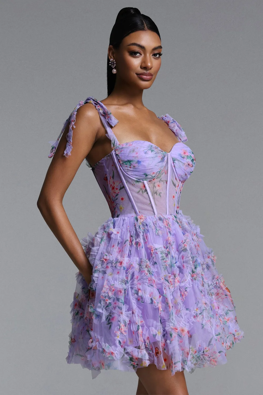 Bella Barnett Mitra abito mini viola corsetto floreale
