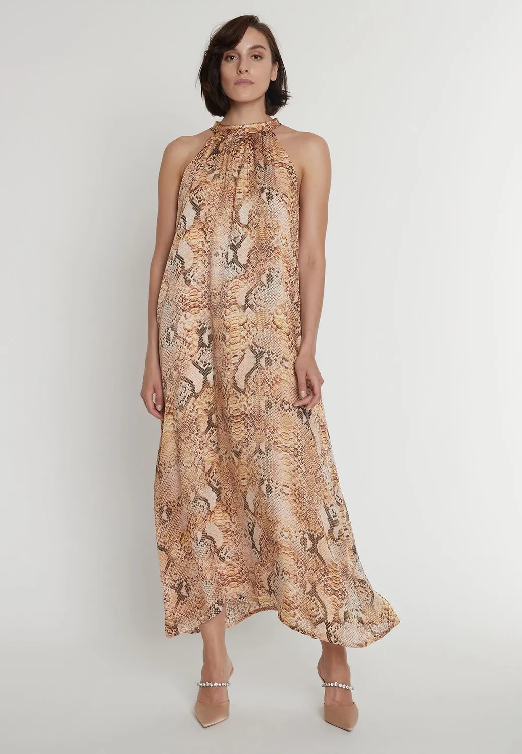 Ana Alcazar Pakyna abito lungo chiffon pitonato scollo halter
