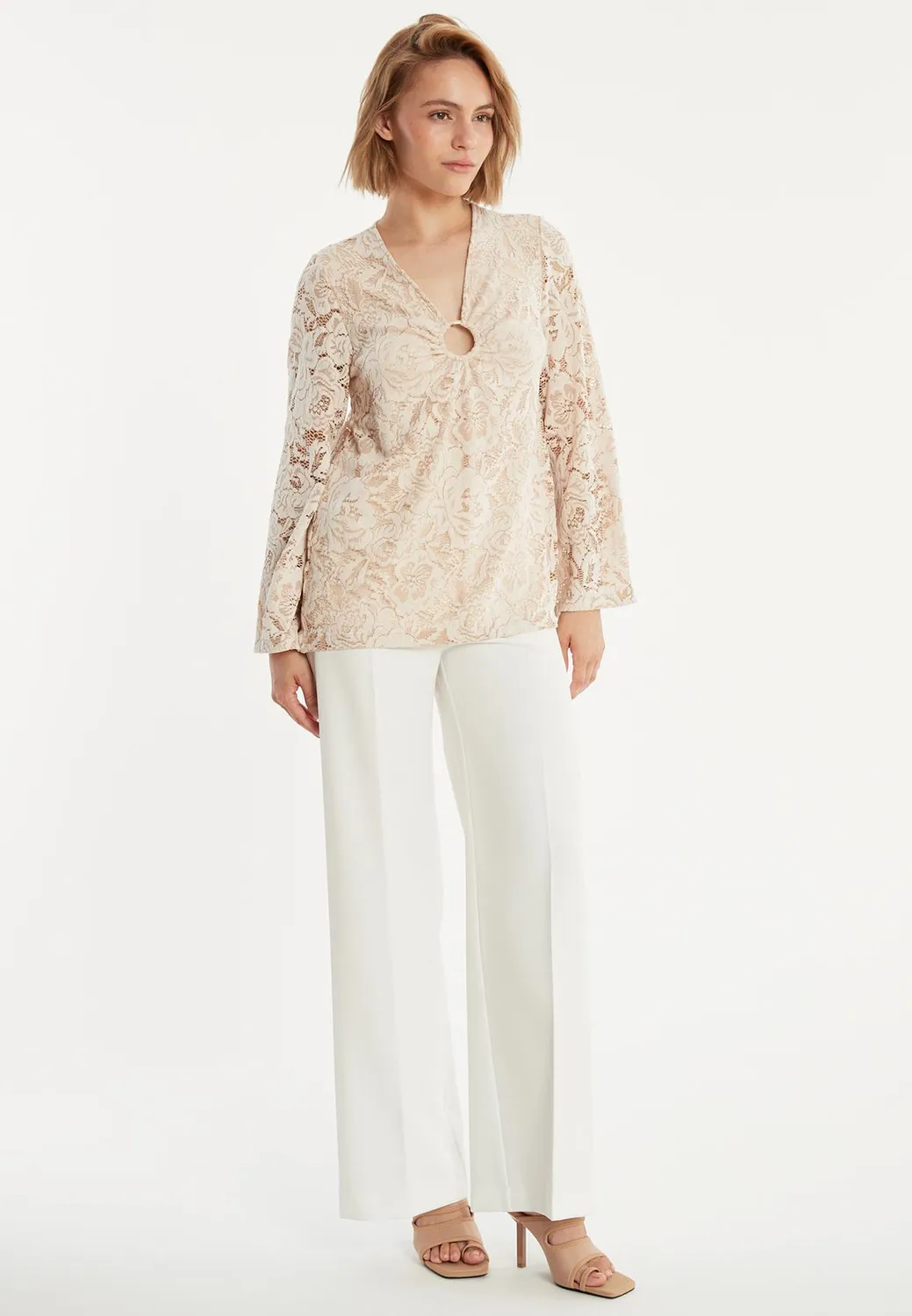 Ana Alcazar Zakora top pizzo beige scollo a V