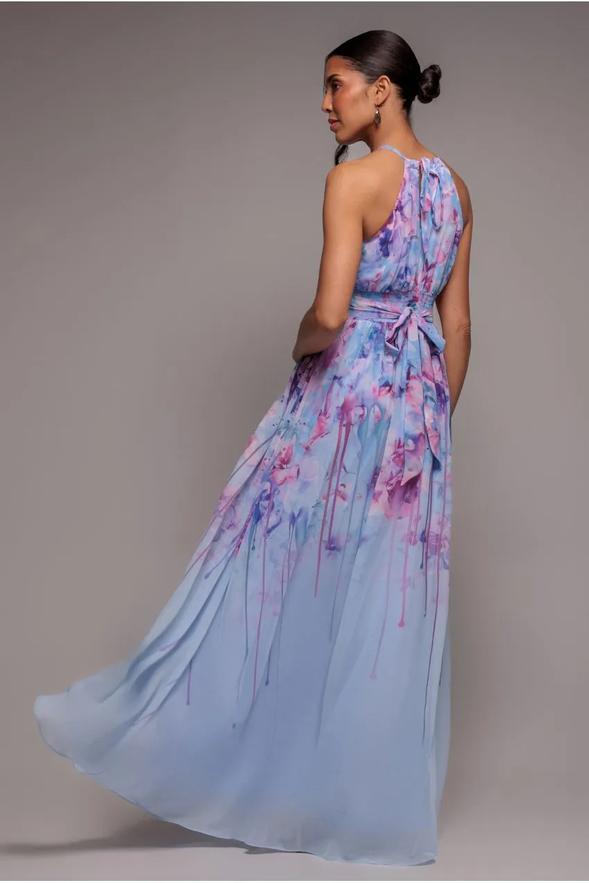 Goddiva Halter abito maxi chiffon blu floreale scollo allacciato