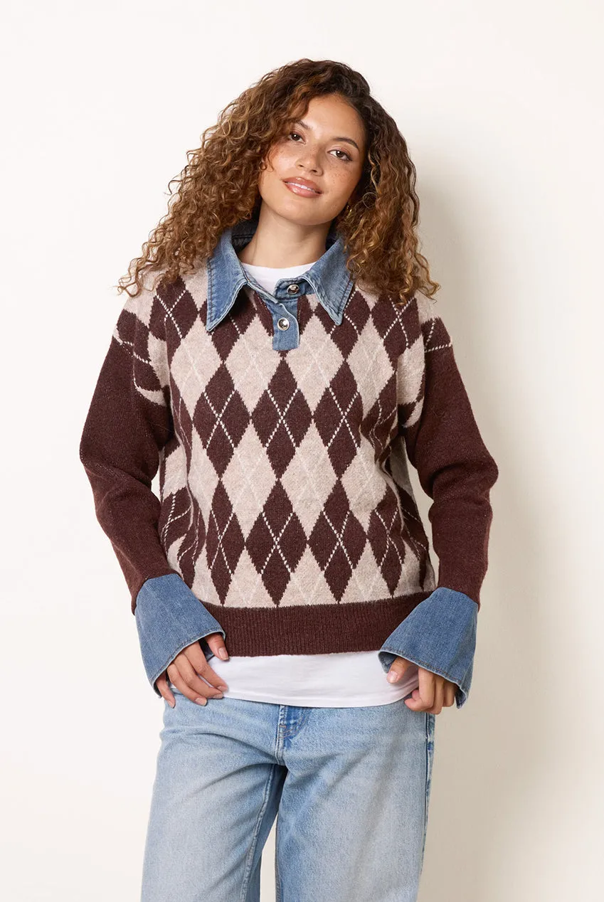 Blue Vanilla Argyle maglione polo cioccolato lana