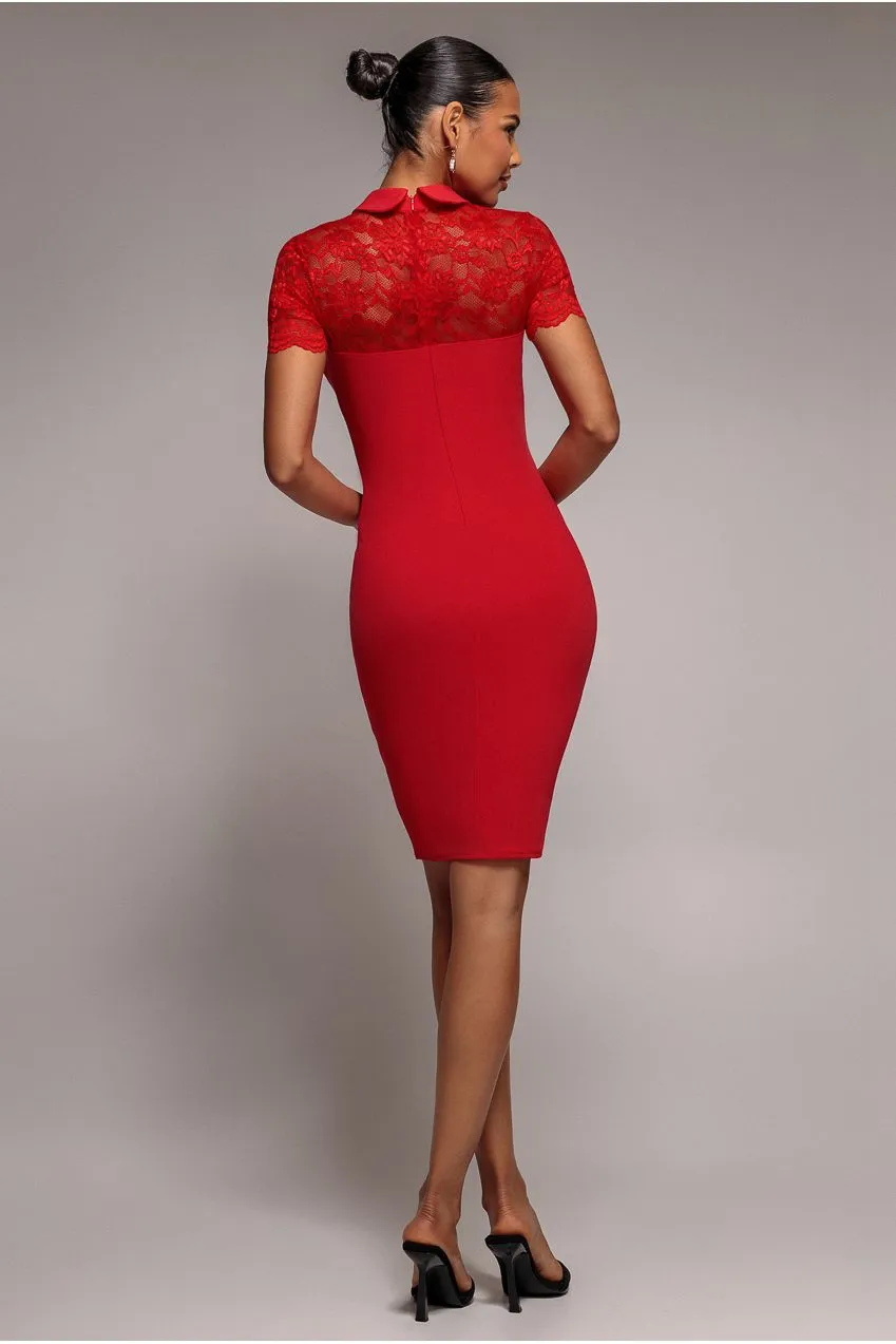 Goddiva Lace Detail Bodycon abito midi rosso pizzo