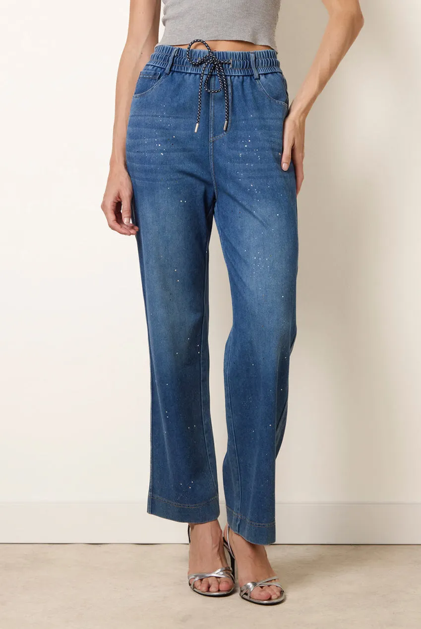 Blue Vanilla Jeans Wide Leg Blu Denim con Strass e Schizzi