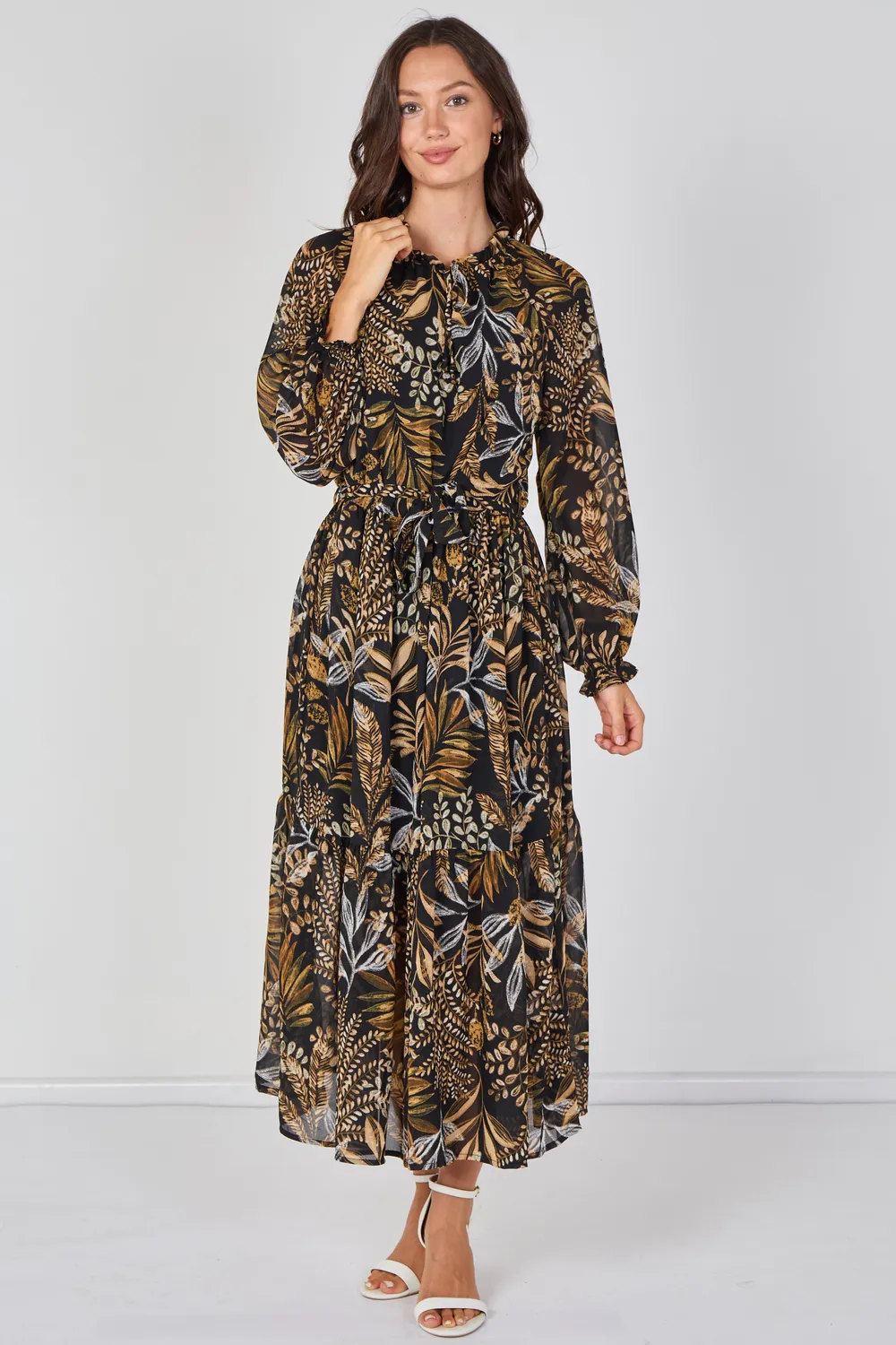 Love Sunshine Botanical abito maxi chiffon marrone con cintura