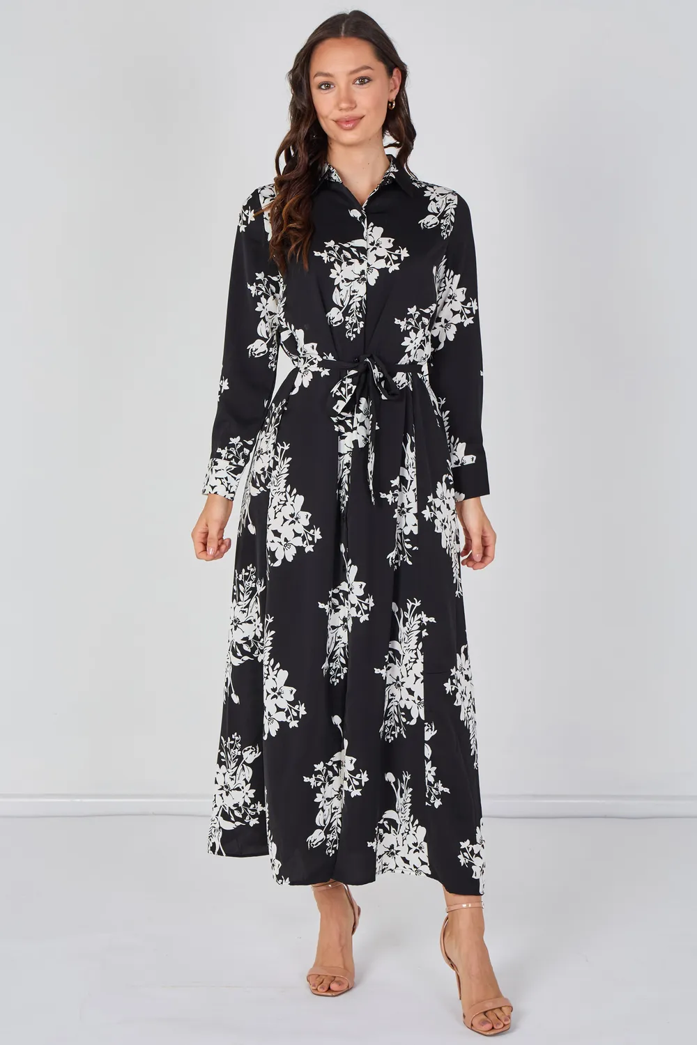 Love Sunshine abito camicia maxi floreale nero bianco L