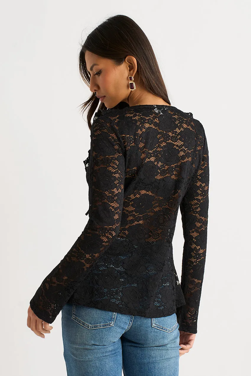 Gini London Lace Ruffle camicetta nera pizzo jersey