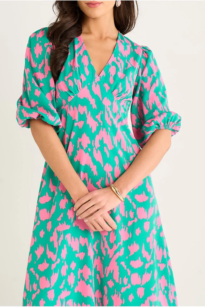 Gini London V Neck Shift abito midi verde animalier