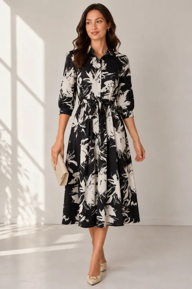 Love Sunshine Floral Midi abito camicia nero fantasia cintura