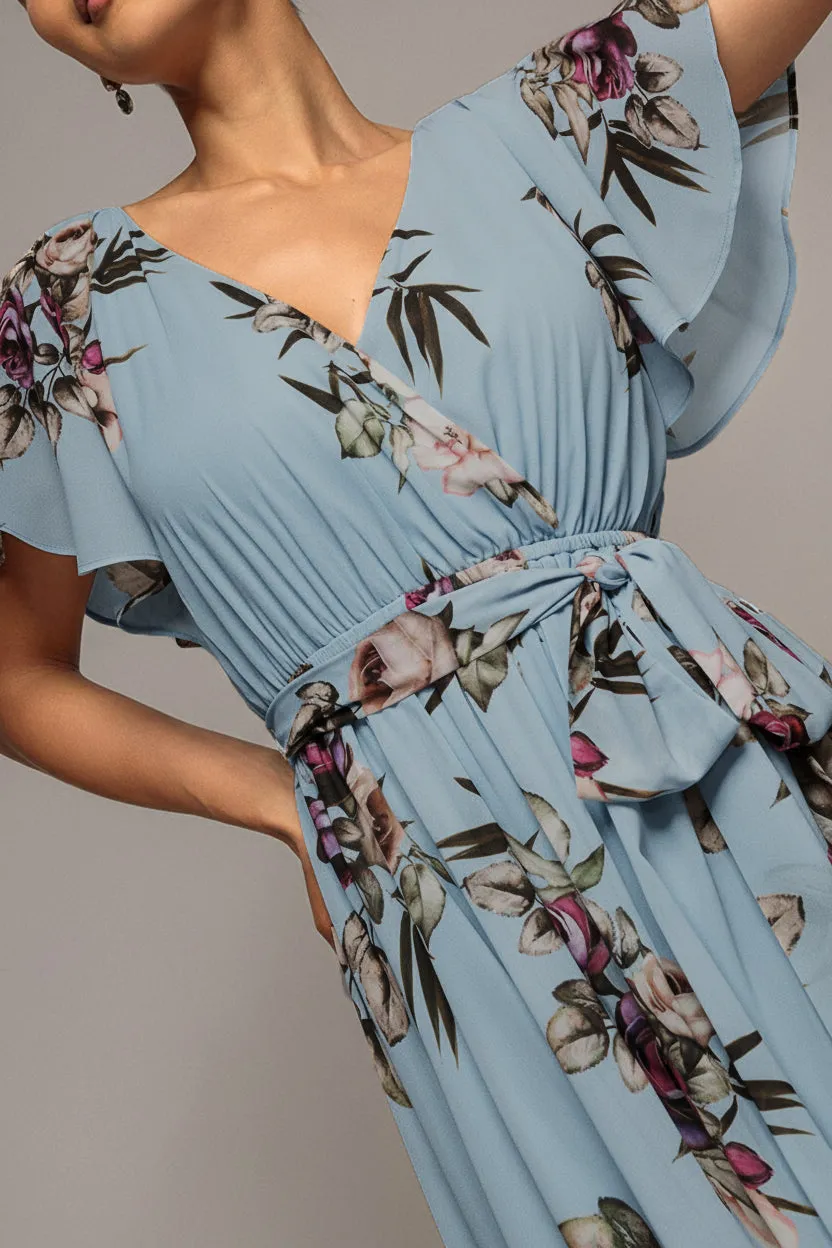 Goddiva midi wrap abito floreale blu maniche volant