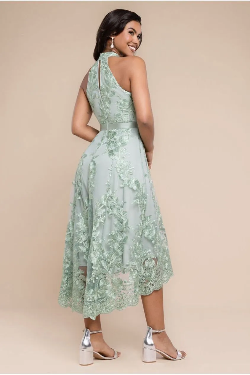 Goddiva Halter abito pizzo verde salvia collo gioiello