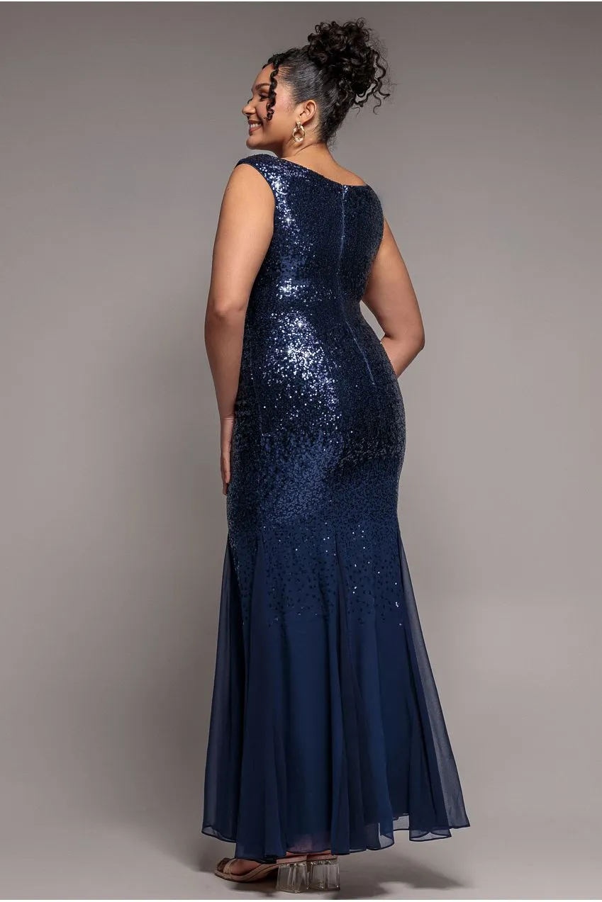 Goddiva Plus Bardot vestito lungo navy paillettes chiffon