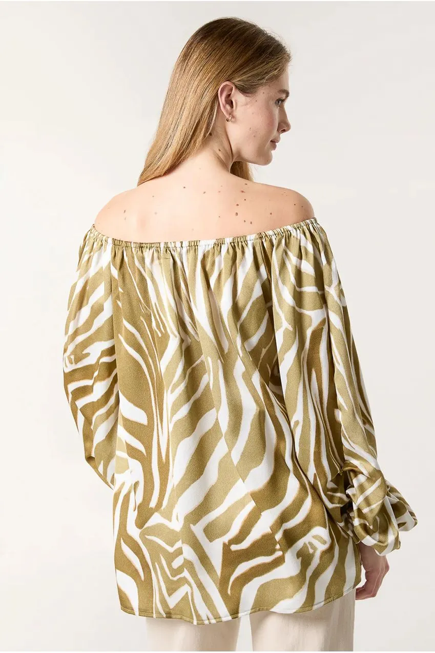 Blue Vanilla Zebra Satin Ruched Bardot blusa kaki zebrata