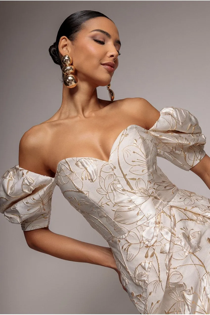 Goddiva Puff Sleeve Sweetheart DR4758 abito midi crema jacquard