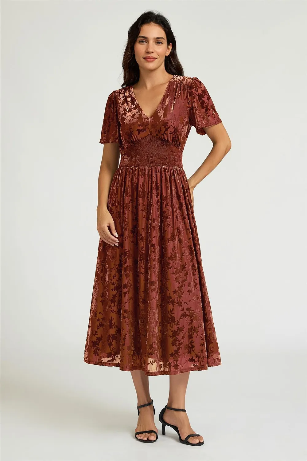 FS Collection Rust Velvet Burnout V-Neck Angel Sleeve Abito Midi Ruggine