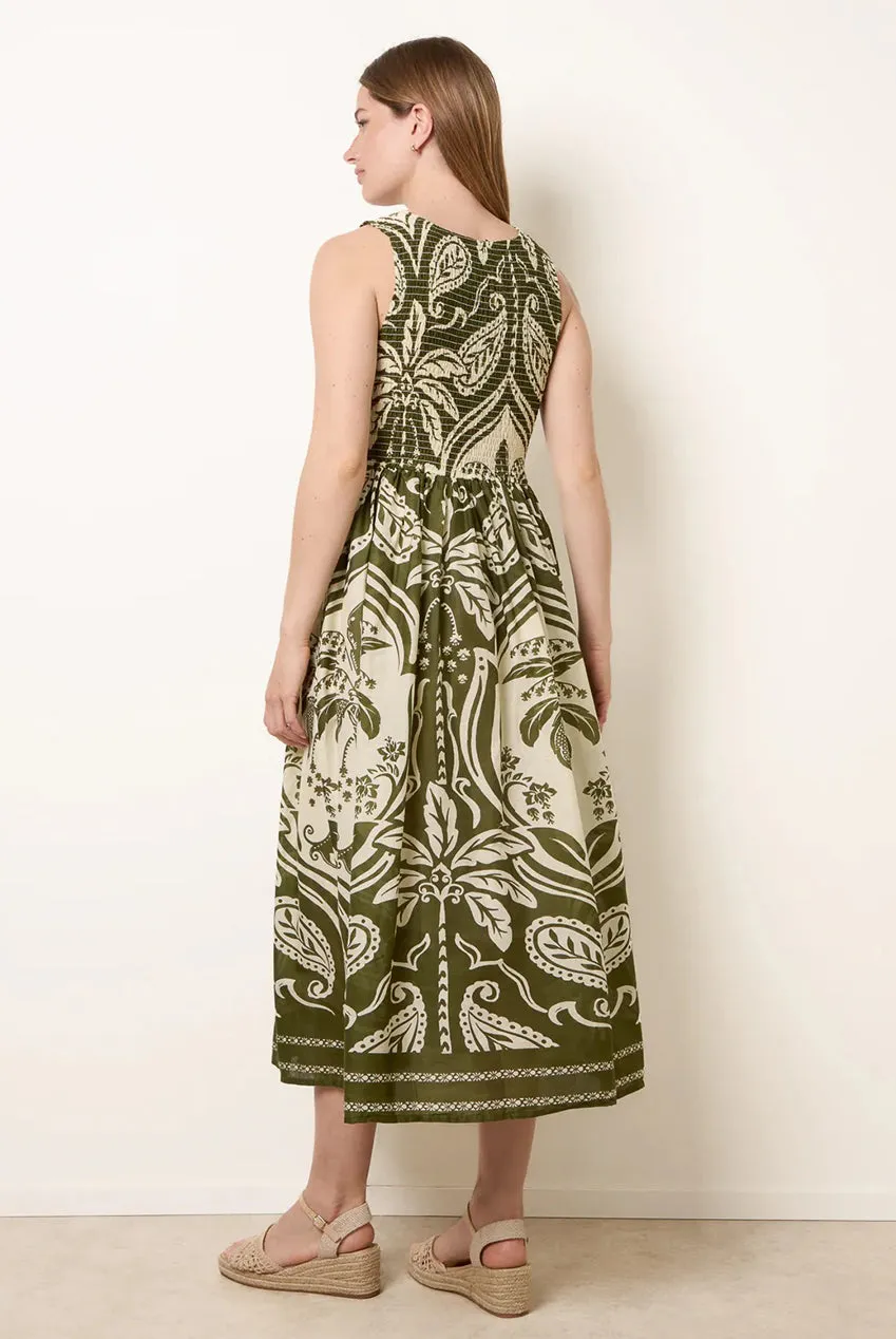 Blue Vanilla Sleeveless Shirred abito midi kaki cotone