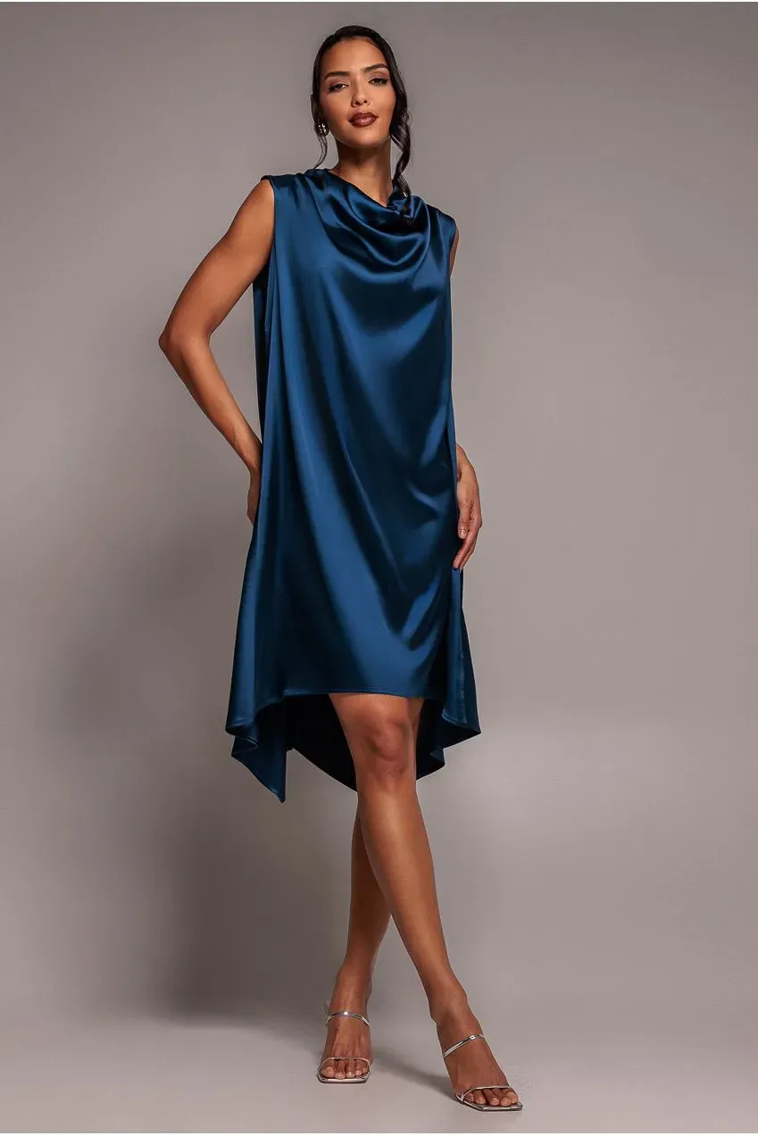 Goddiva Cowl Neck Back Wing abito midi raso blu navy