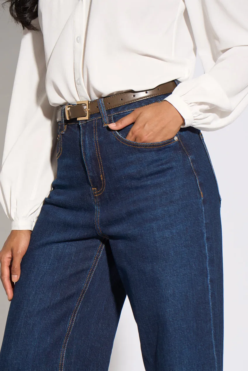 Gini London Jeans Vita Media Blu Gamba Larga in Denim