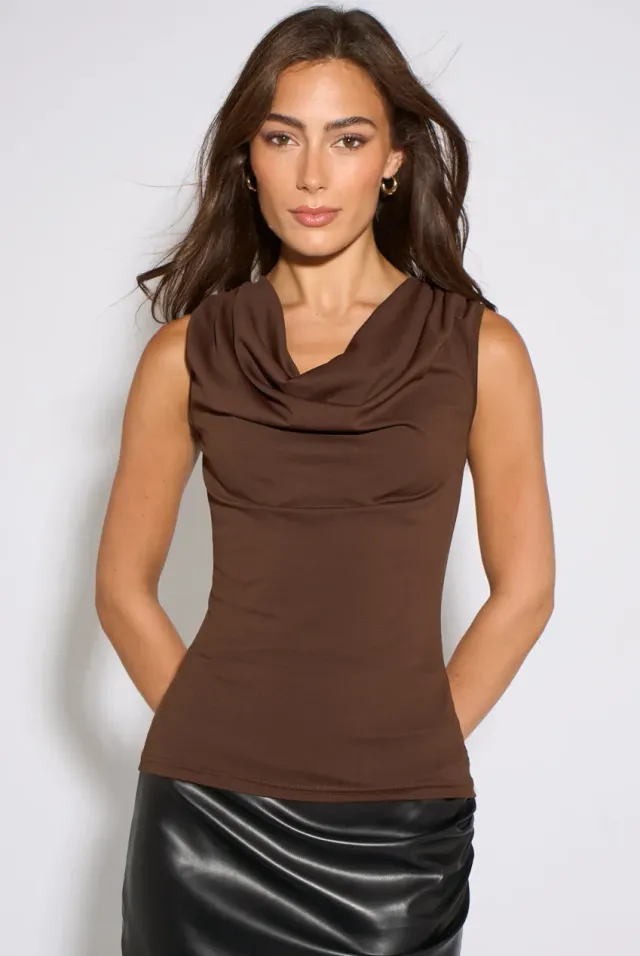 Gini London Brown Gold Button Shoulder top marrone scollo