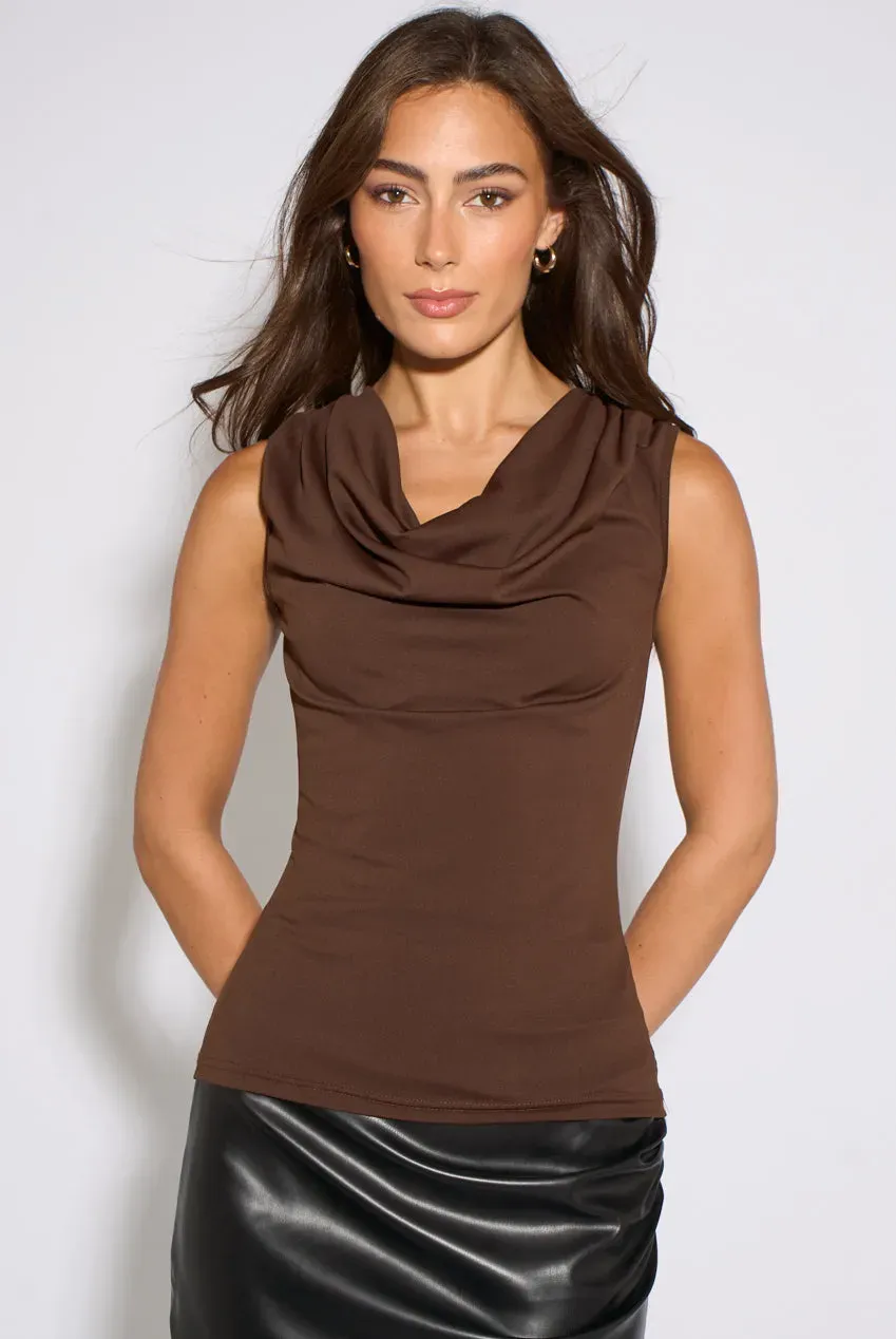Gini London Brown Gold Button Shoulder top marrone scollo