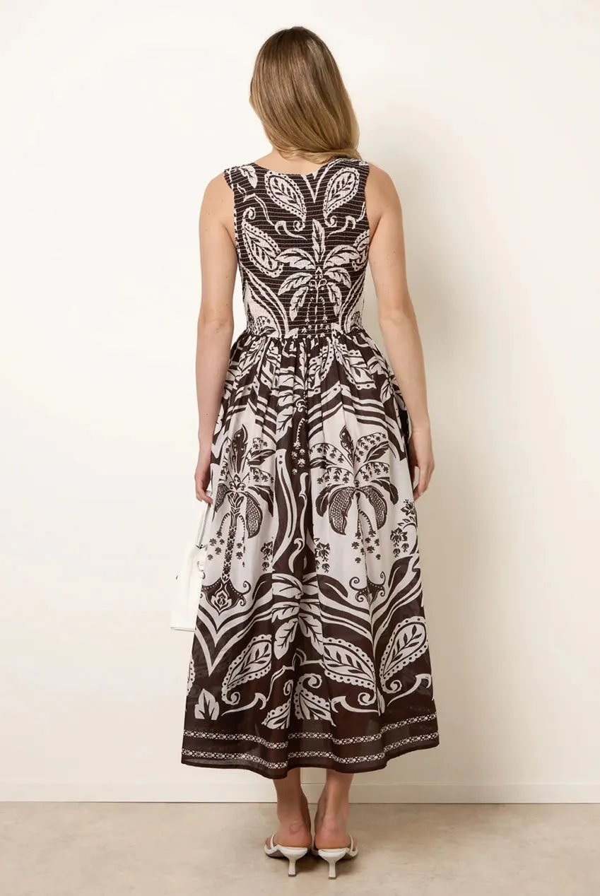 Blue Vanilla Shirred abito midi cioccolato in cotone