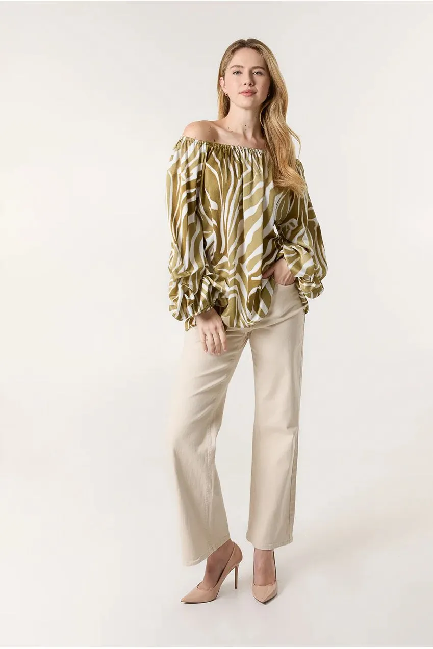 Blue Vanilla Zebra Satin Ruched Bardot blusa kaki zebrata