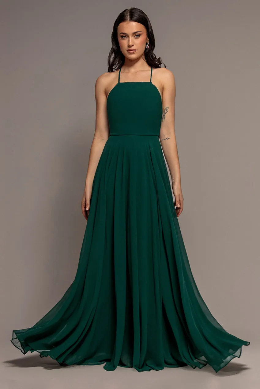 Goddiva Chiffon A Line abito maxi verde scuro senza maniche