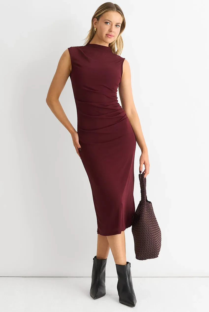 Gini London Ruched Jersey abito midi bordeaux drappeggiato