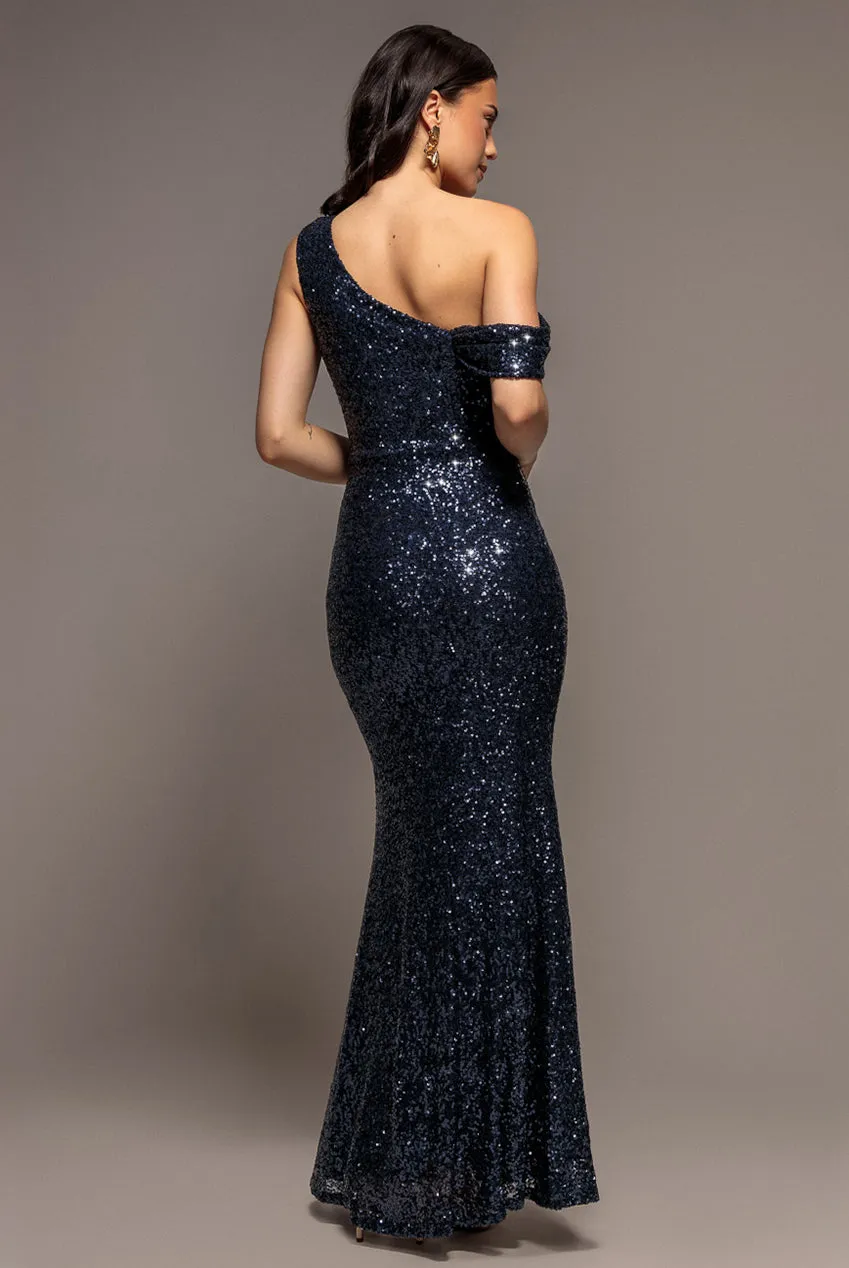 Goddiva Sequin Cowl Maxi Abito Paillettes Blu Navy
