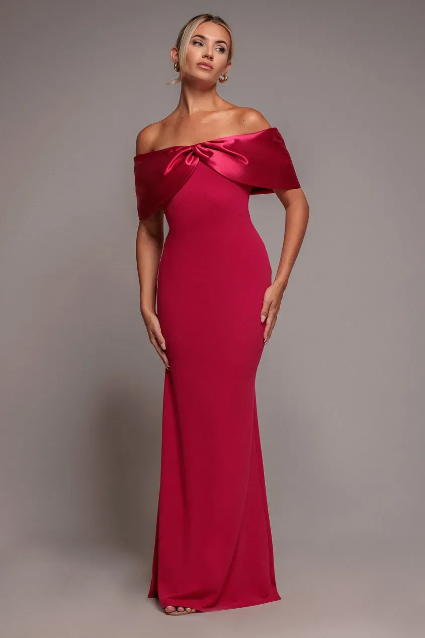 Goddiva Twist Knot Abito Maxi Magenta Bardot Satin