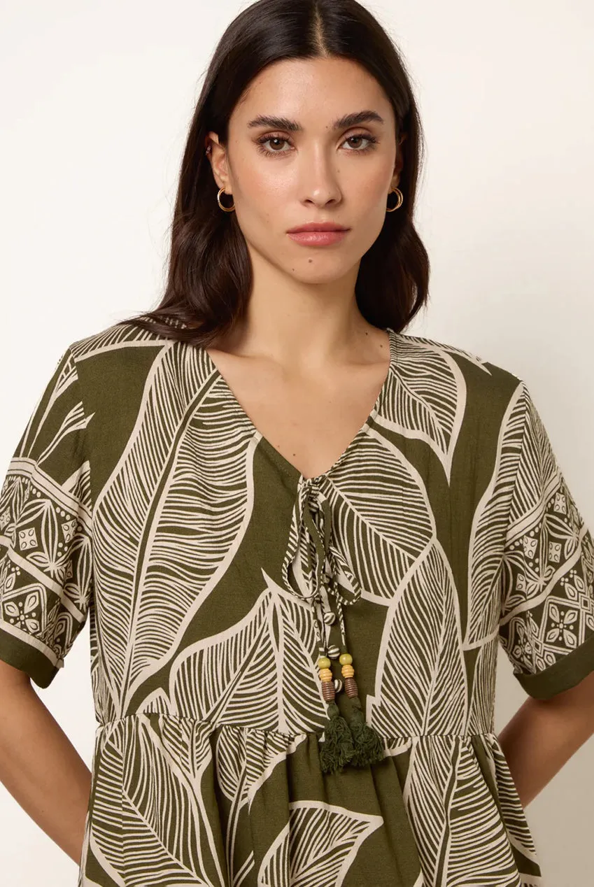 Blue Vanilla Tropical Leaf Print vestito khaki S/M mini