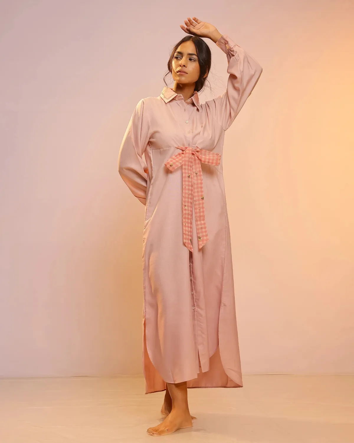 Our Dve Hibiscus abito midi rosa camicia lino cintura
