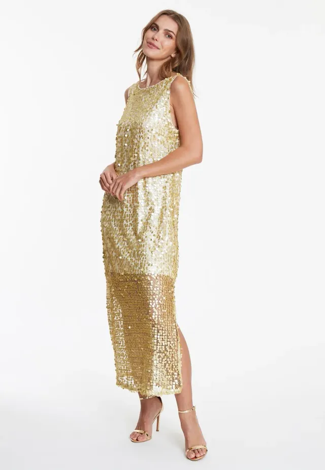 Ana Alcazar Wadani abito maxi rete paillettes oro