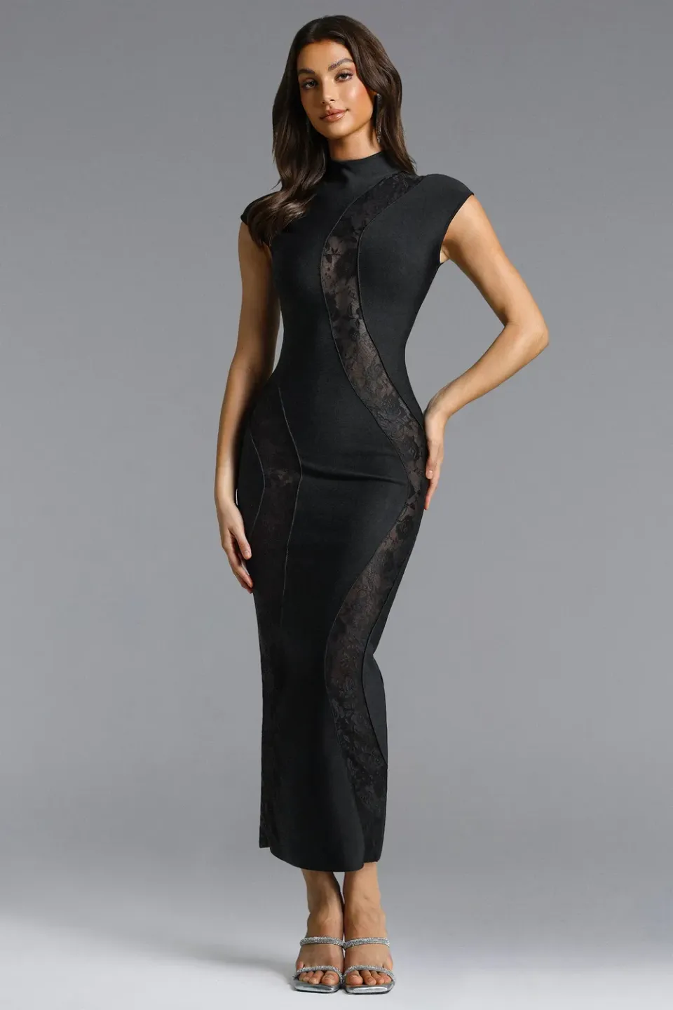 Bella Barnett abito pizzo bandage nero S scollo rotondo