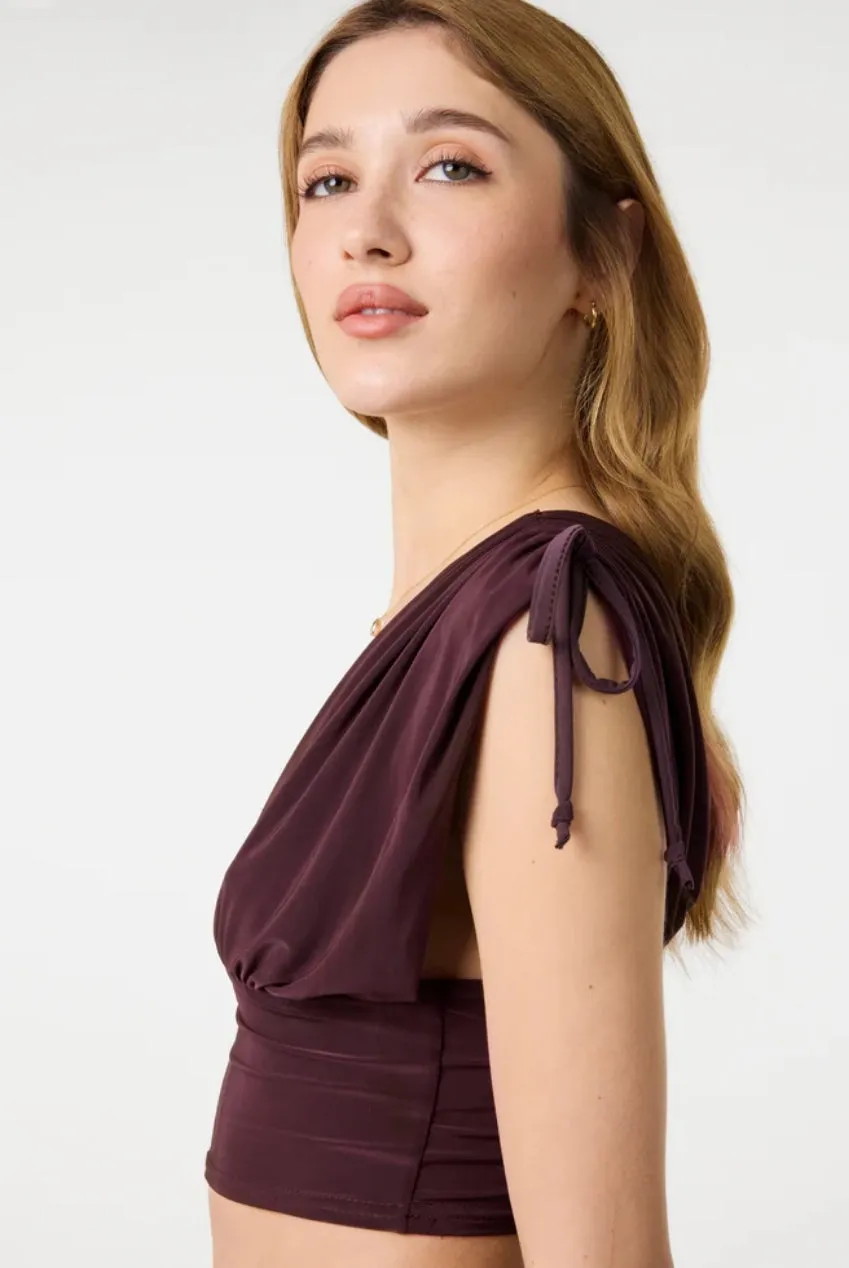 Pink Vanilla Ruched Shoulder top crop cioccolato monospalla